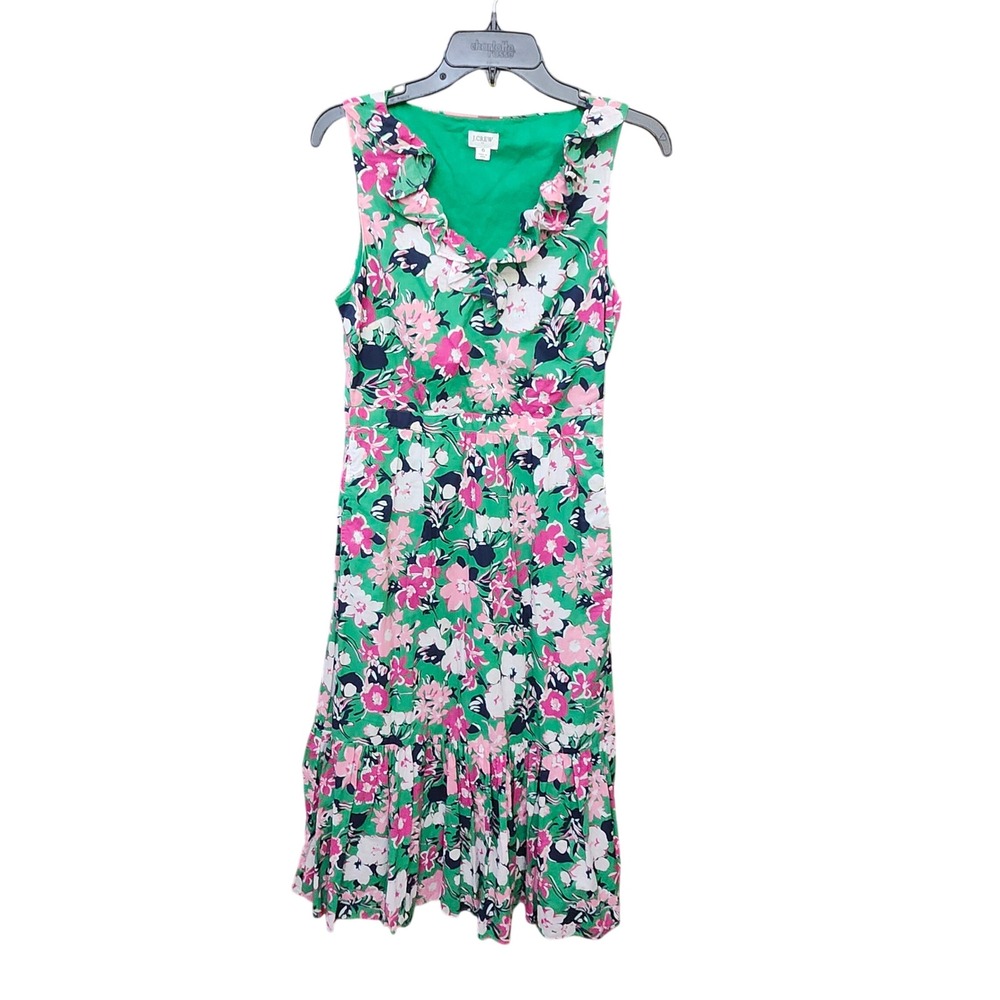J.Crew Green Floral Ruffle V-Neck Tiered Cotton Midi Dress 6 Cottagecore Preppy